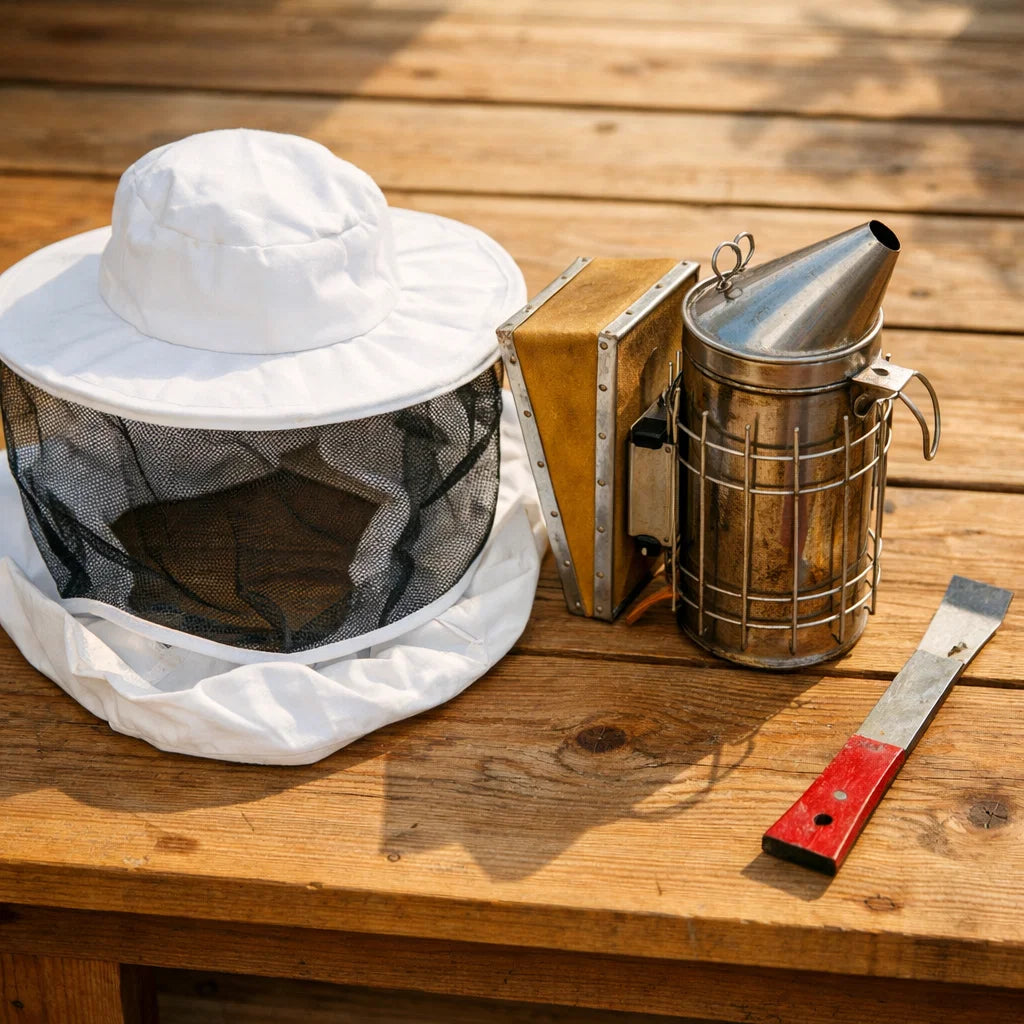 White beekeeping hat, smoker, and hive tool on a wooden surface
