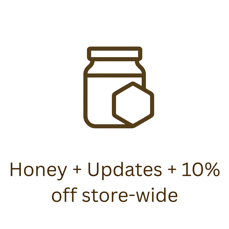 Icon of a honey jar with text overlay on a white background