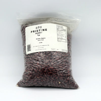 Bag of Pristine Gourmet dark red kidney beans on a white background